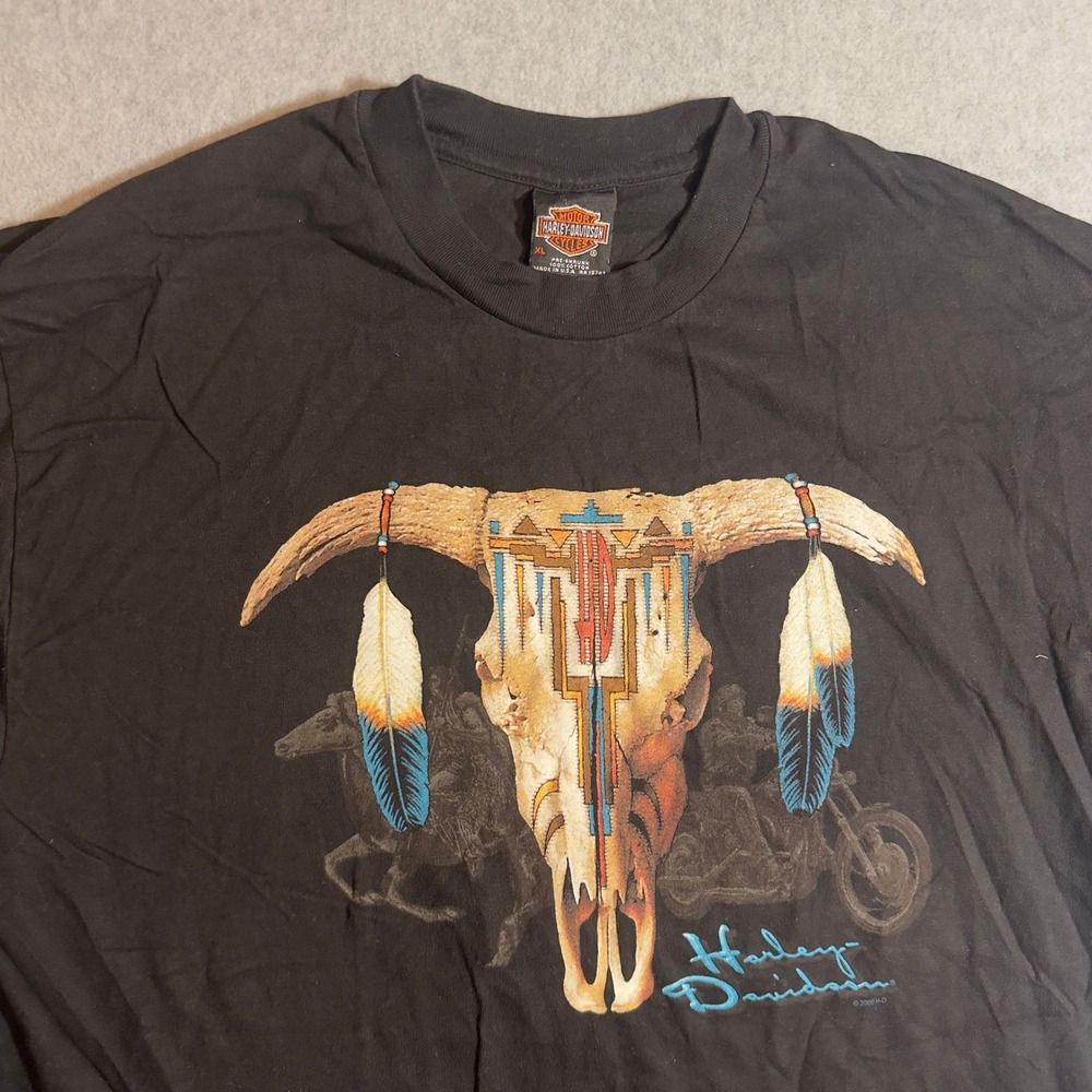 Vintage 2000 Harley Davidson Las Vegas Steer Skull T-Shirt Mens XL Black USA Y2K